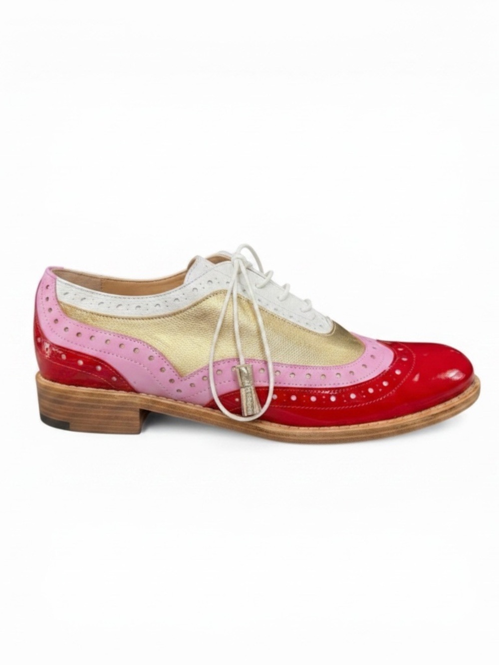 Patent Leather Tri-Tone Tassel Brogues — Red, Pink & White